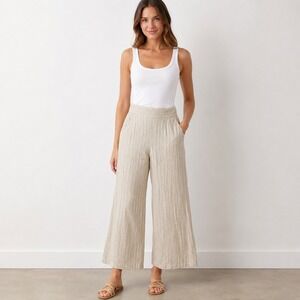 Max Studio Linen Blend Pinstripe Wide Leg Pull On Pants Beige Women's S